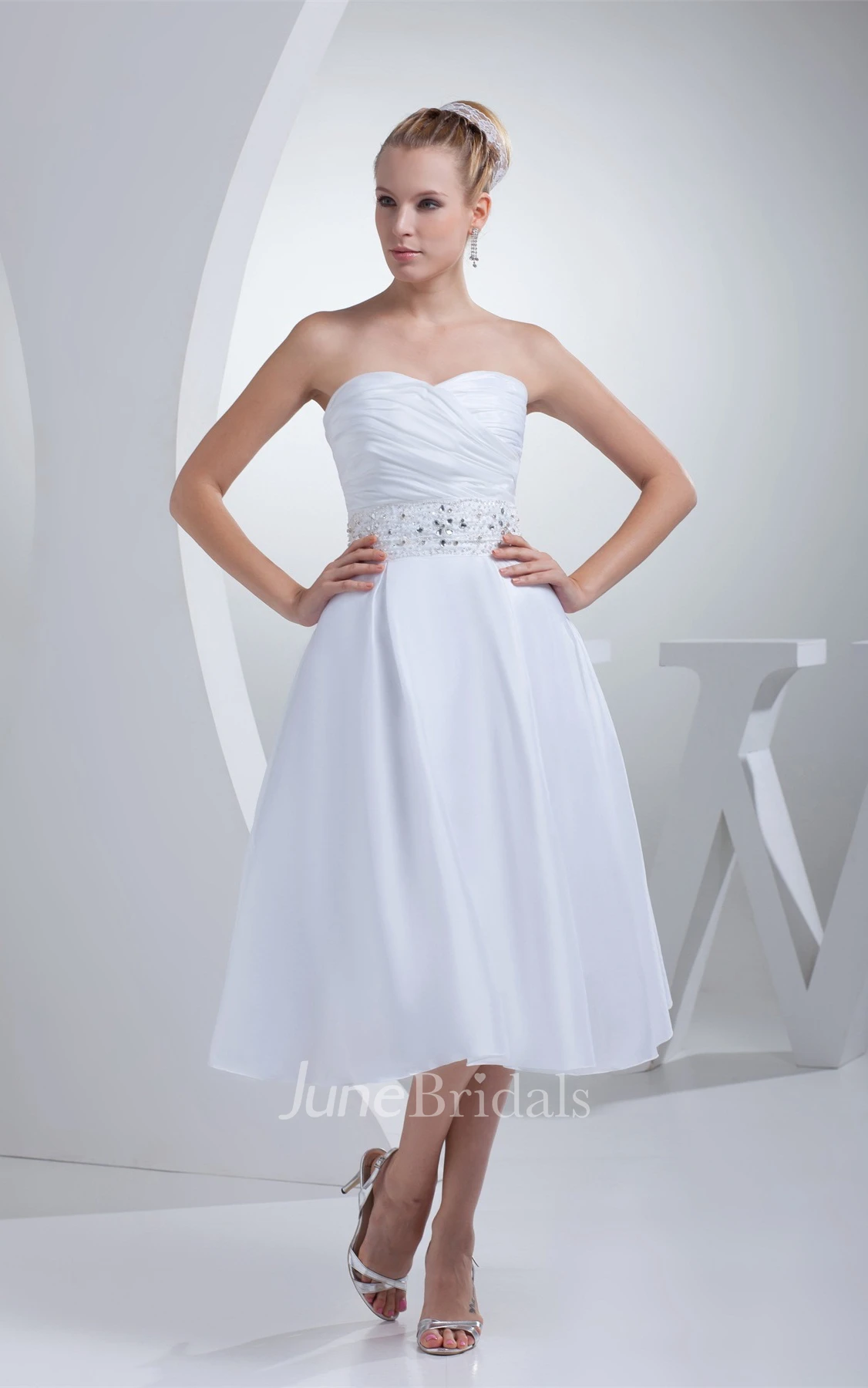Sweetheart Tea-Length A-Line Dress with Ruching and Jeweled Waist