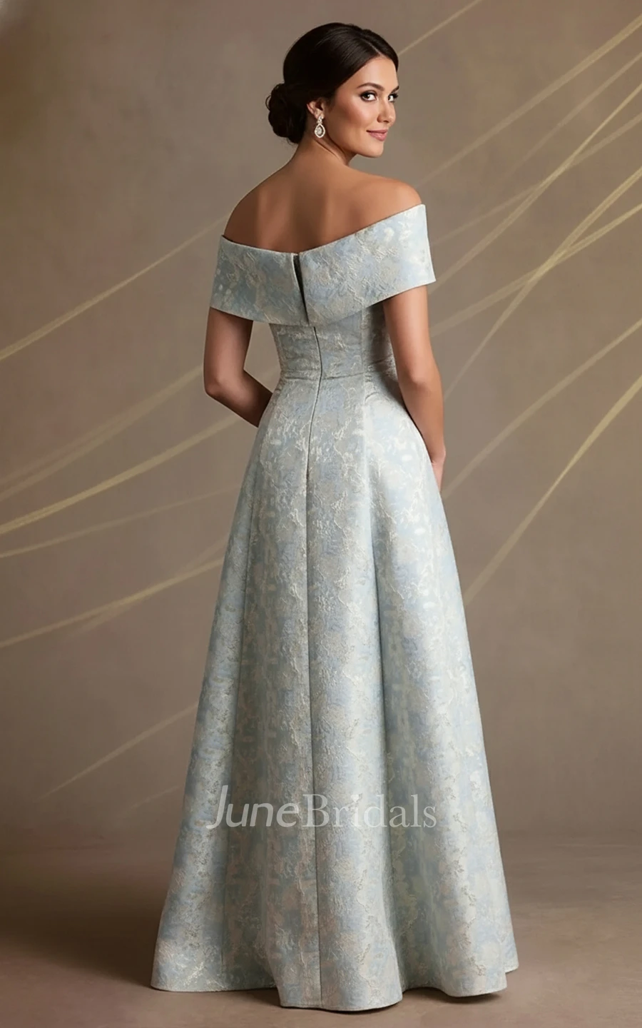 A Line Off Shoulder Floor Length MOB Dress Floral Jacquard Formal Evening Gown with Structured Bodice