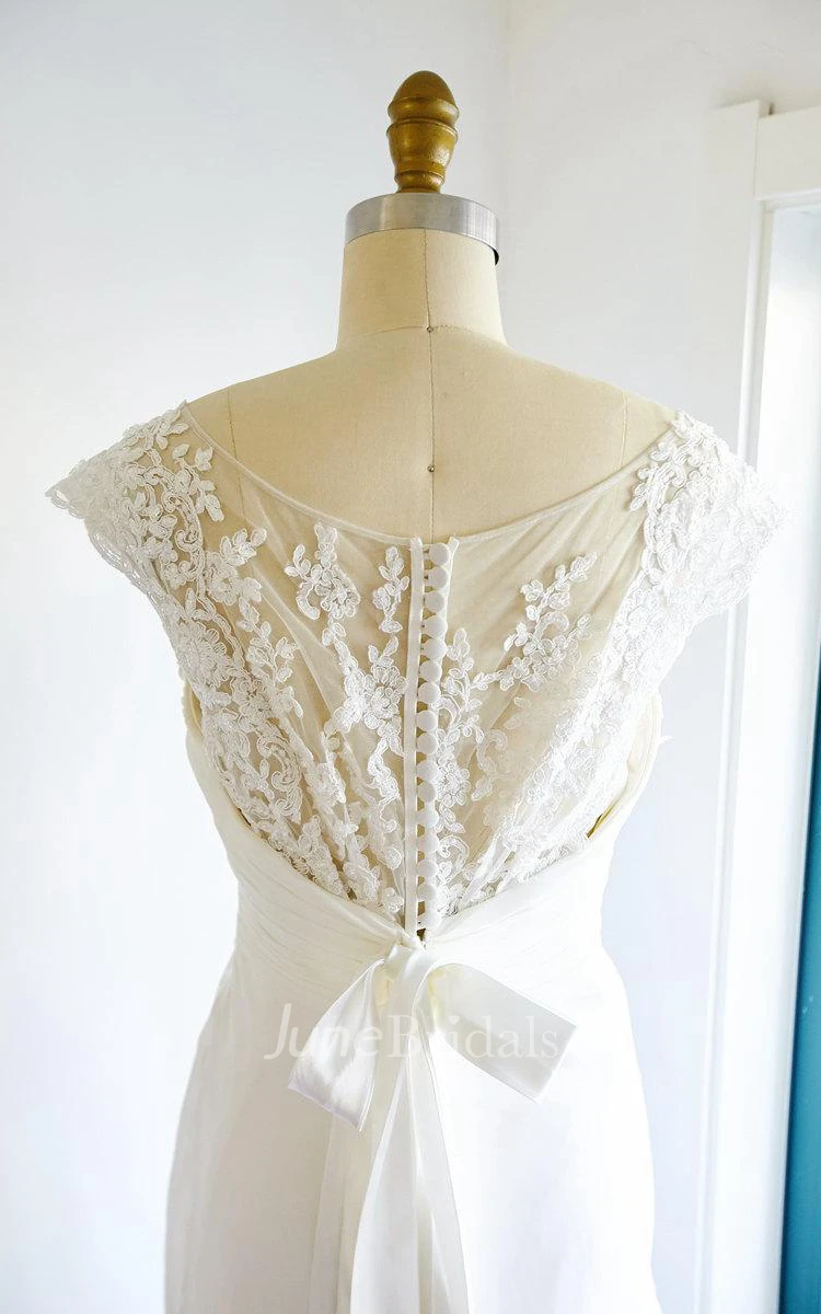 Cap Sleeve Chiffon Tulle Lace Satin Dress With Illusion