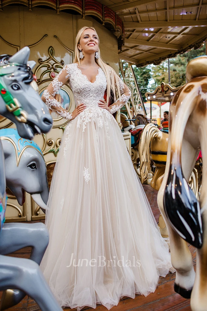 Ethereal Lace and Tulle A-line V-neck Wedding Gown with Chapel Train