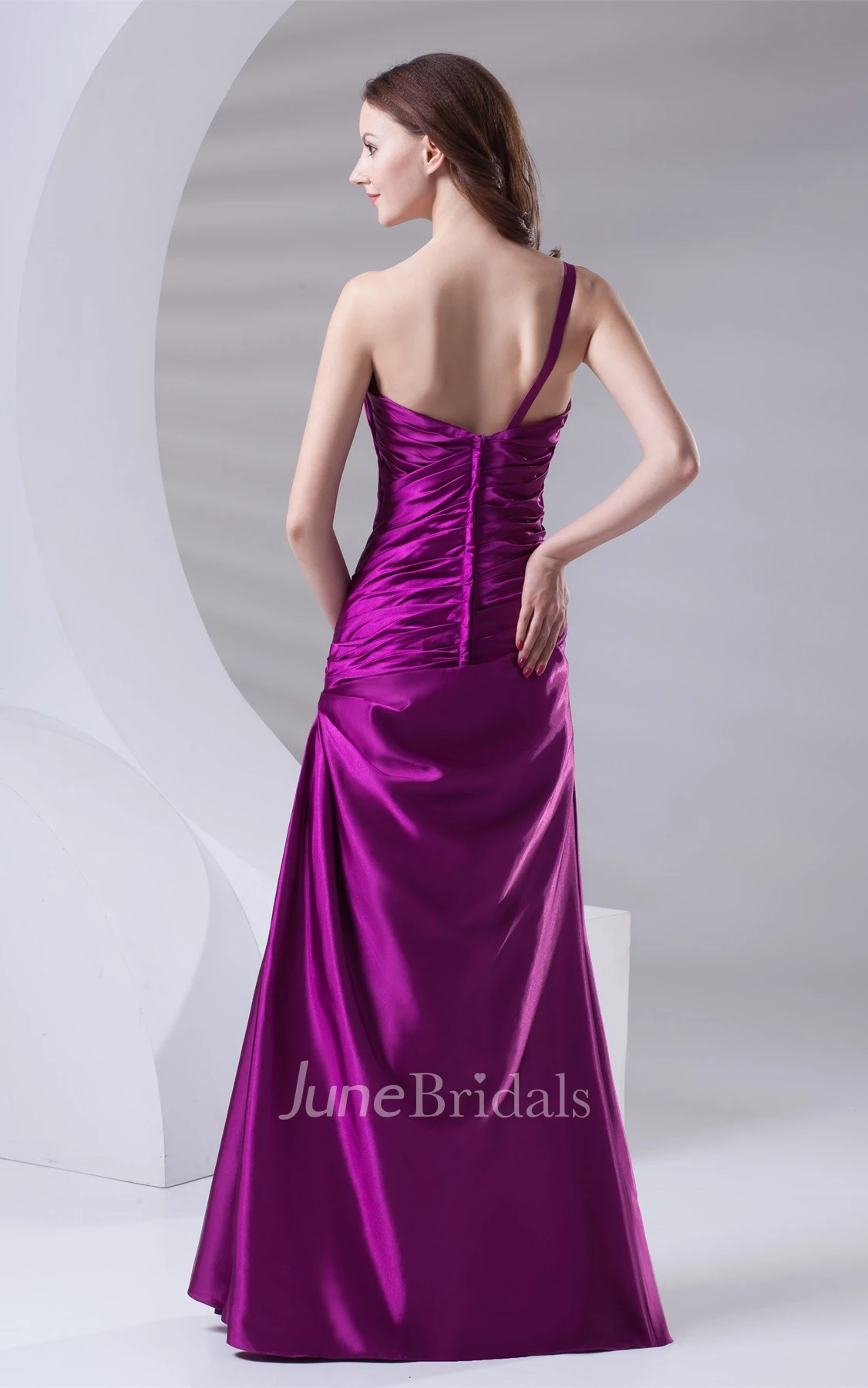 Satin Ruched A-Line Maxi Dress with Single-Strap Design