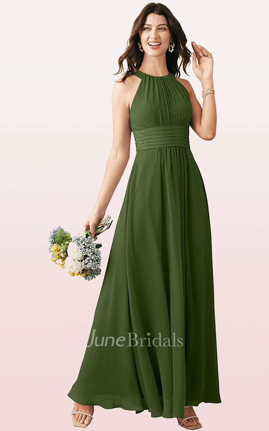 Ethereal A Line Halter Chiffon Sleeveless Bridesmaid Dress