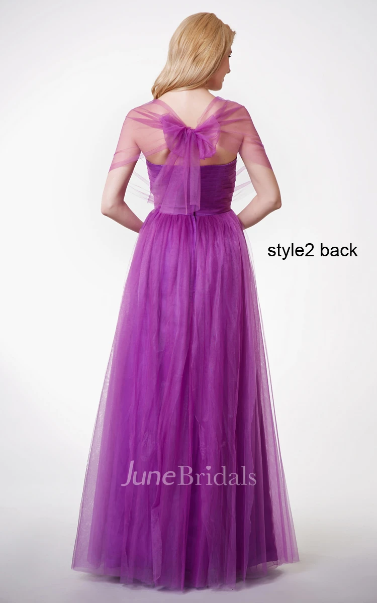 Sleeveless Pleated A-line Tulle Gown With Convertible Straps