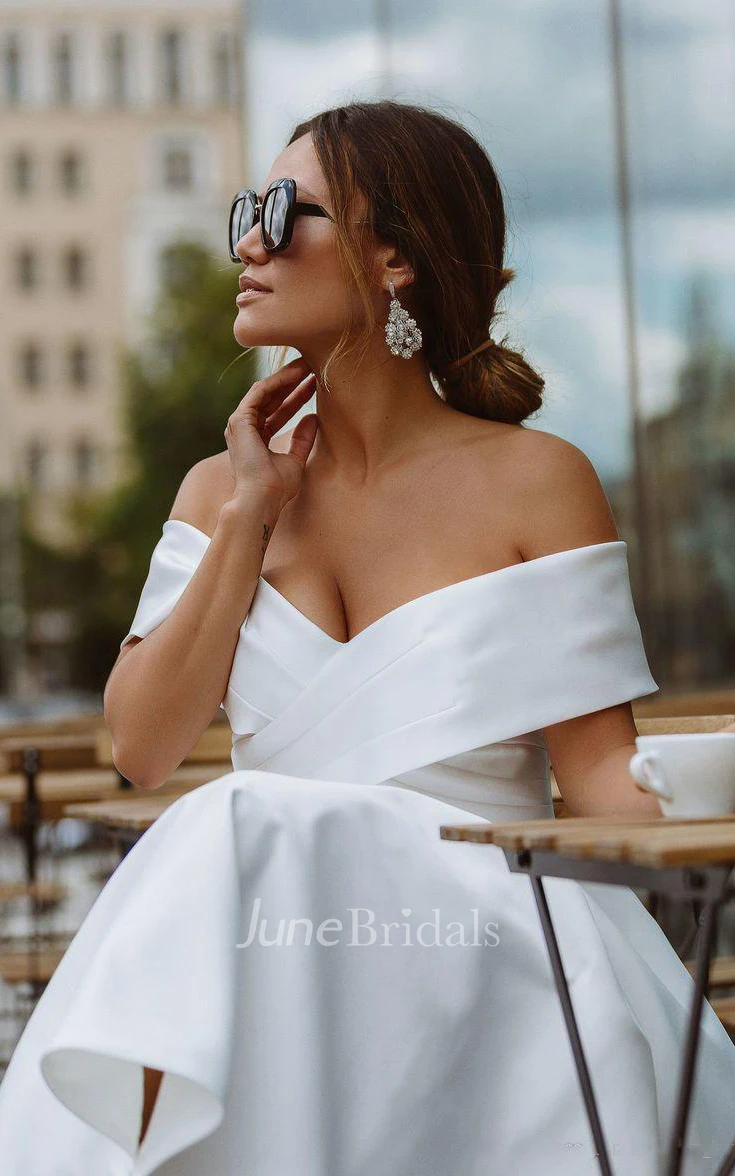 A Line Off-the-shoulder Satin Tea-length Sleeveless Wedding Dress with Criss Cross and Ruching