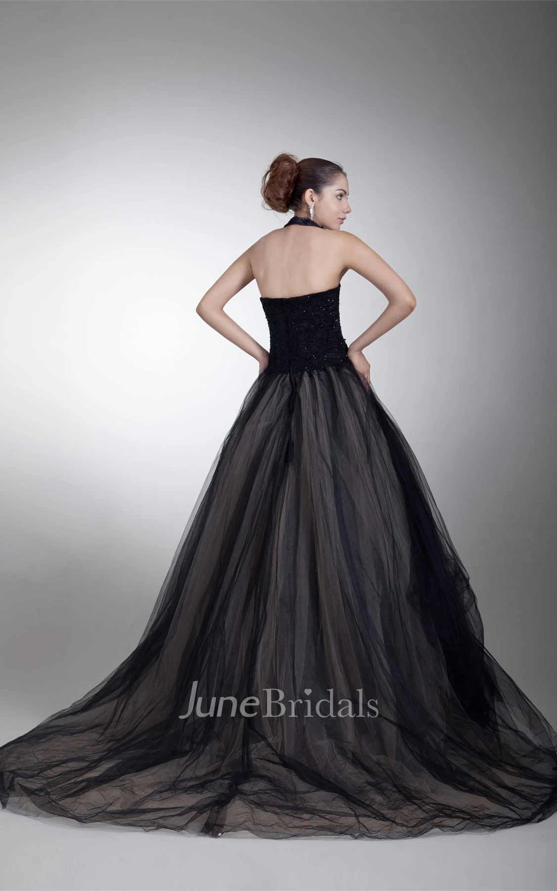 plunged jeweled ball sleeveless gown with halter and tulle overlay