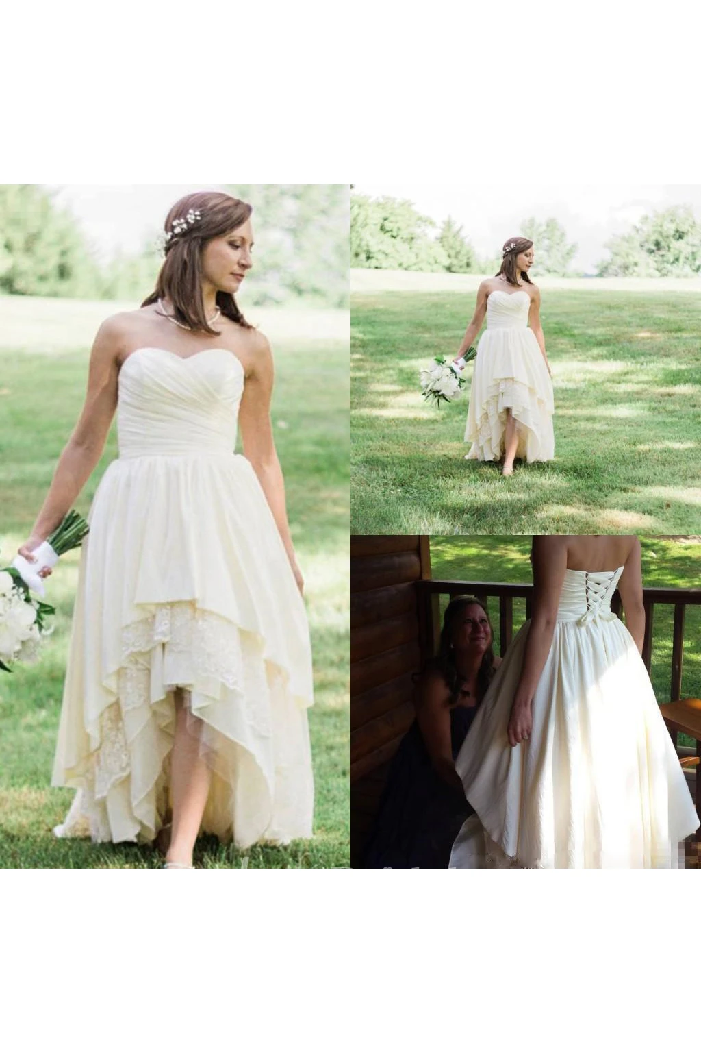 A Line Strapless High Low Lace Chiffon Backless Tiered Wedding Gown