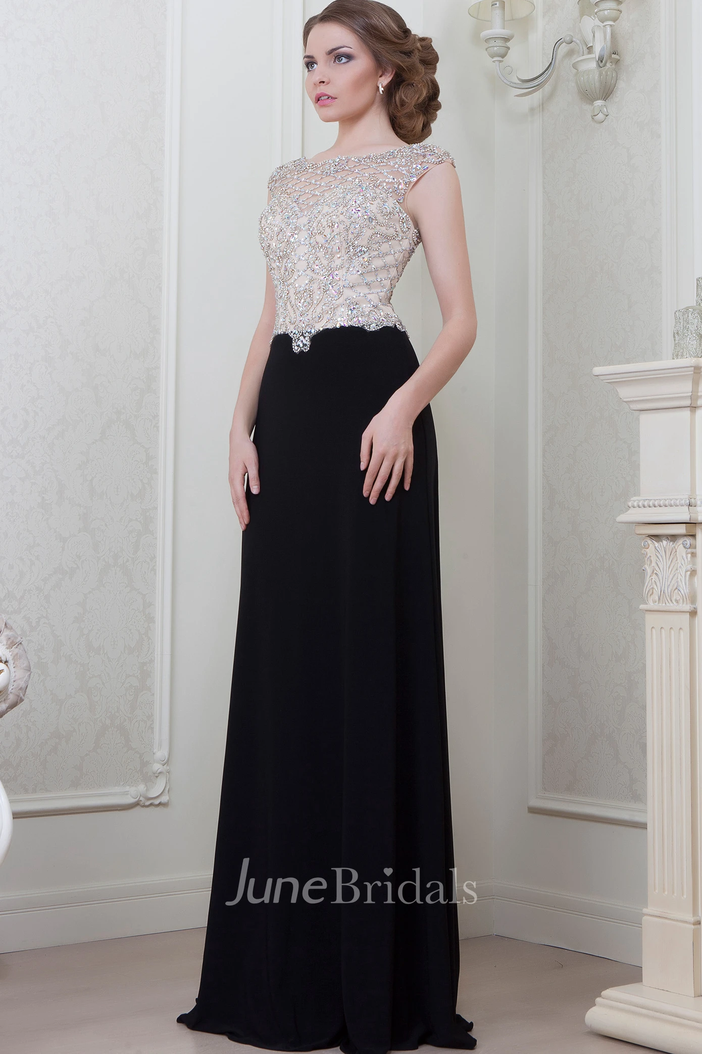A-Line Beaded Cap-Sleeve Bateau-Neck Floor-Length Jersey Evening Dress