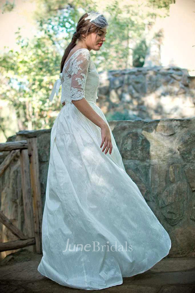 Bateau Illusion Half Sleeve Lace Floor-Length Wedding Dress With Low-V Back