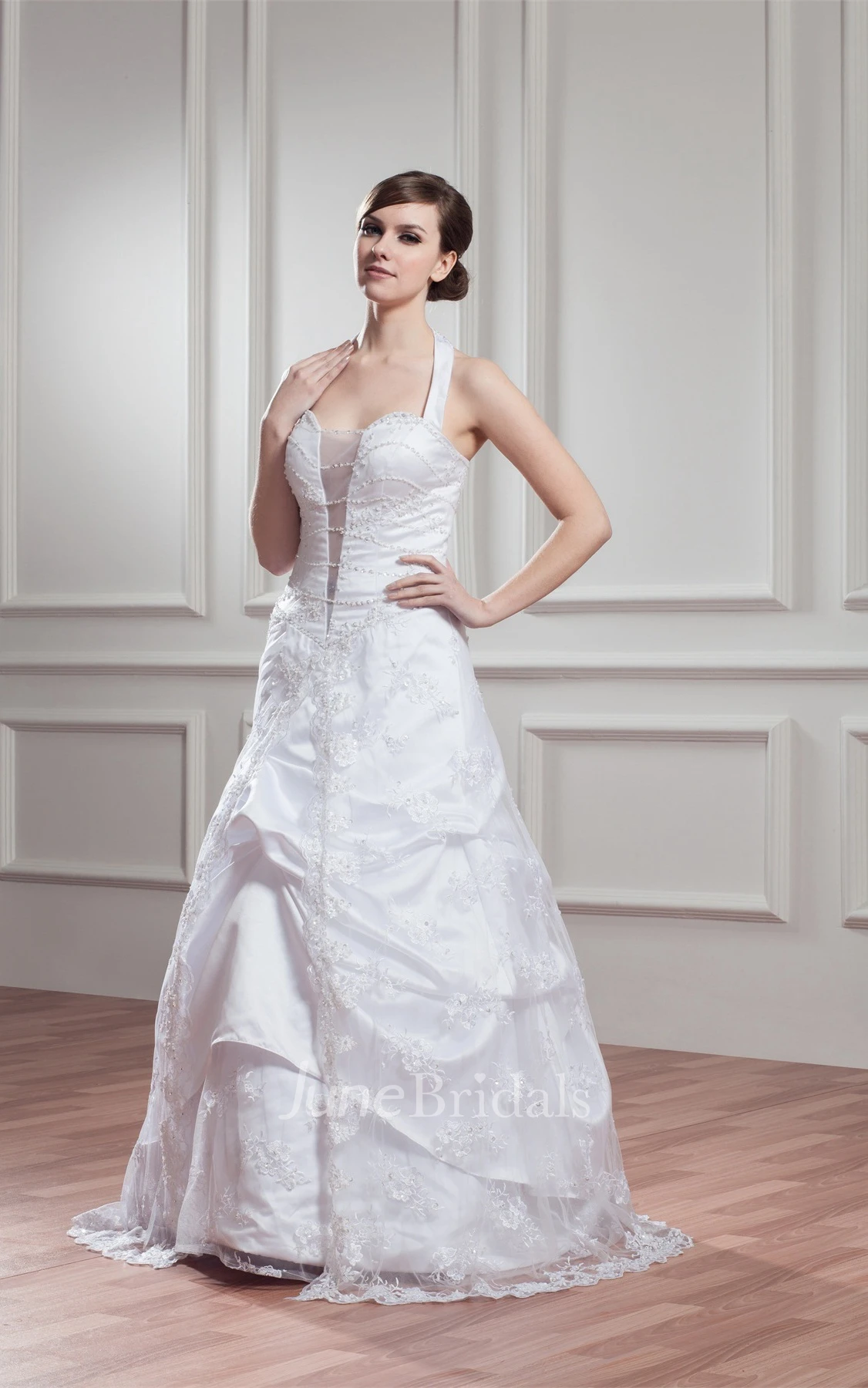 Sleeveless Appliqued A-Line Dress with Illusion and Halter