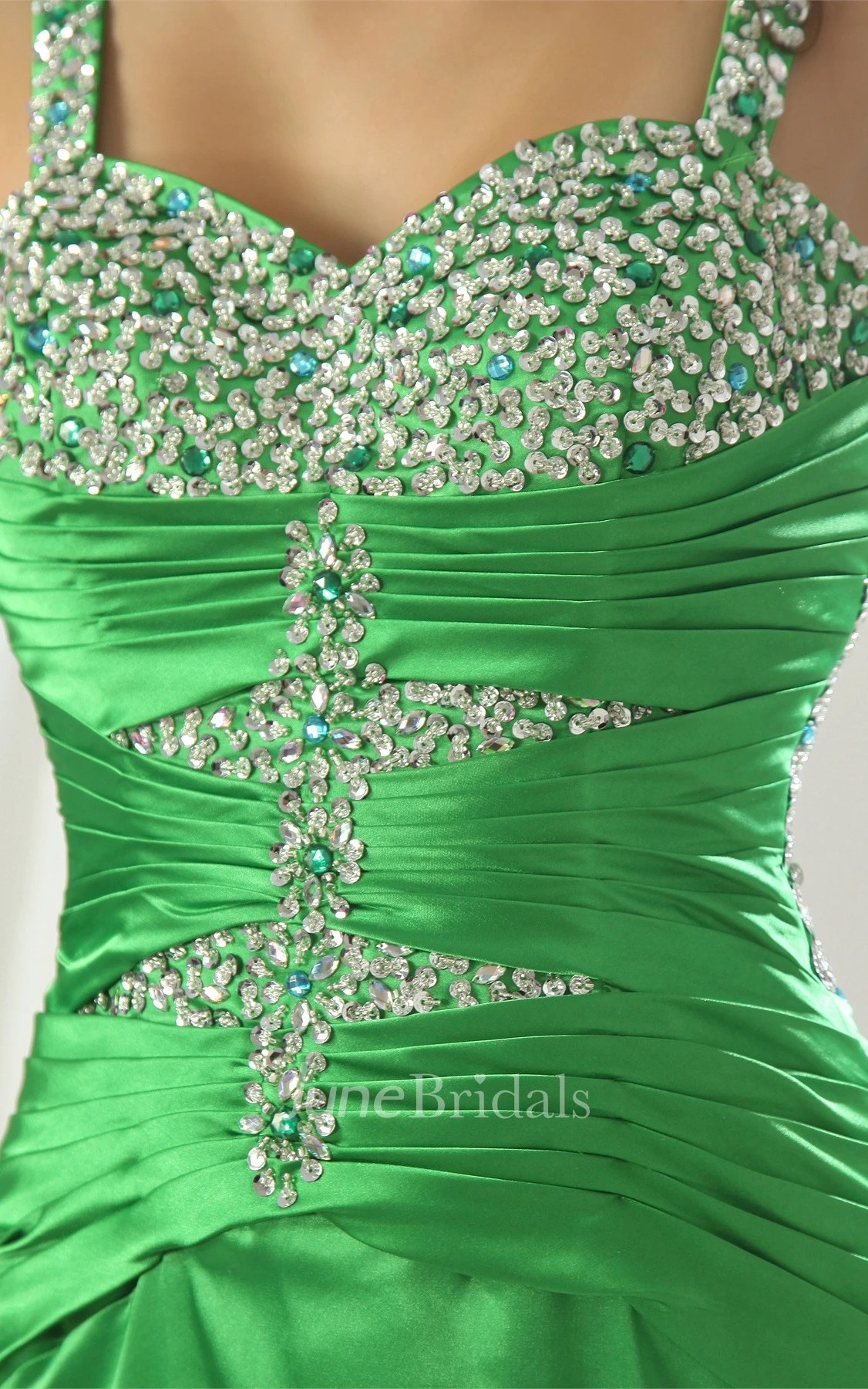 Spaghetti-Straps Front-Split Ruched Gown with Crystal Detailing and Brush Train