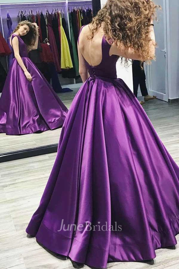 Ball Gown V Neck Sweep Train Satin Sleeveless Backless Prom Dress - June  Bridals