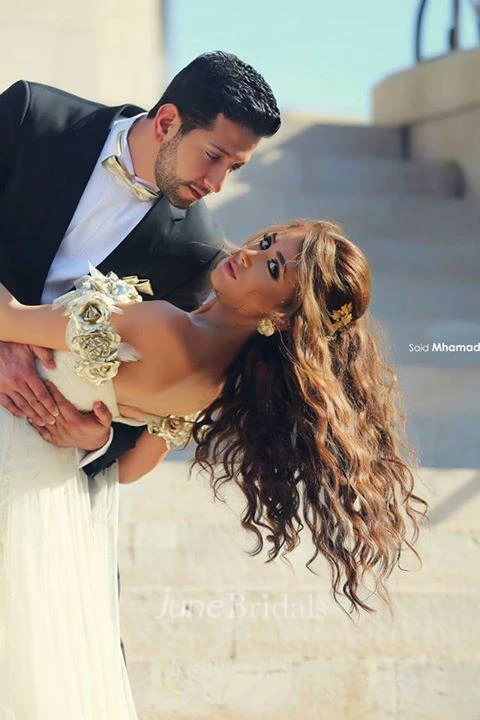 Delicate Off-the-shoulder Chiffon Flowers Wedding Dress Front Split