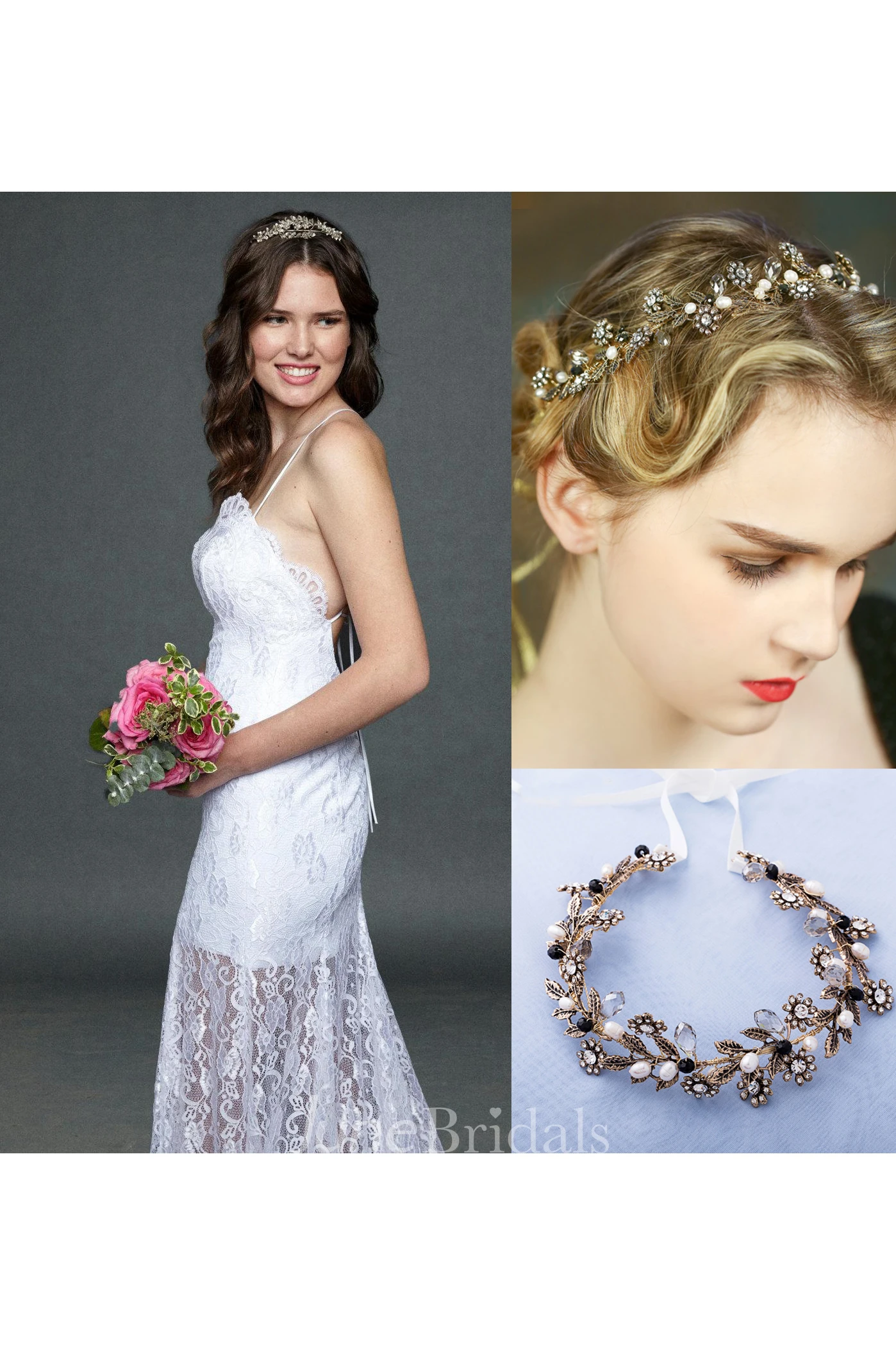 Mermaid Spaghetti Strapped Lace Weddig Dress and Vintage Diamond Crystal Pearl Gold Hair Band