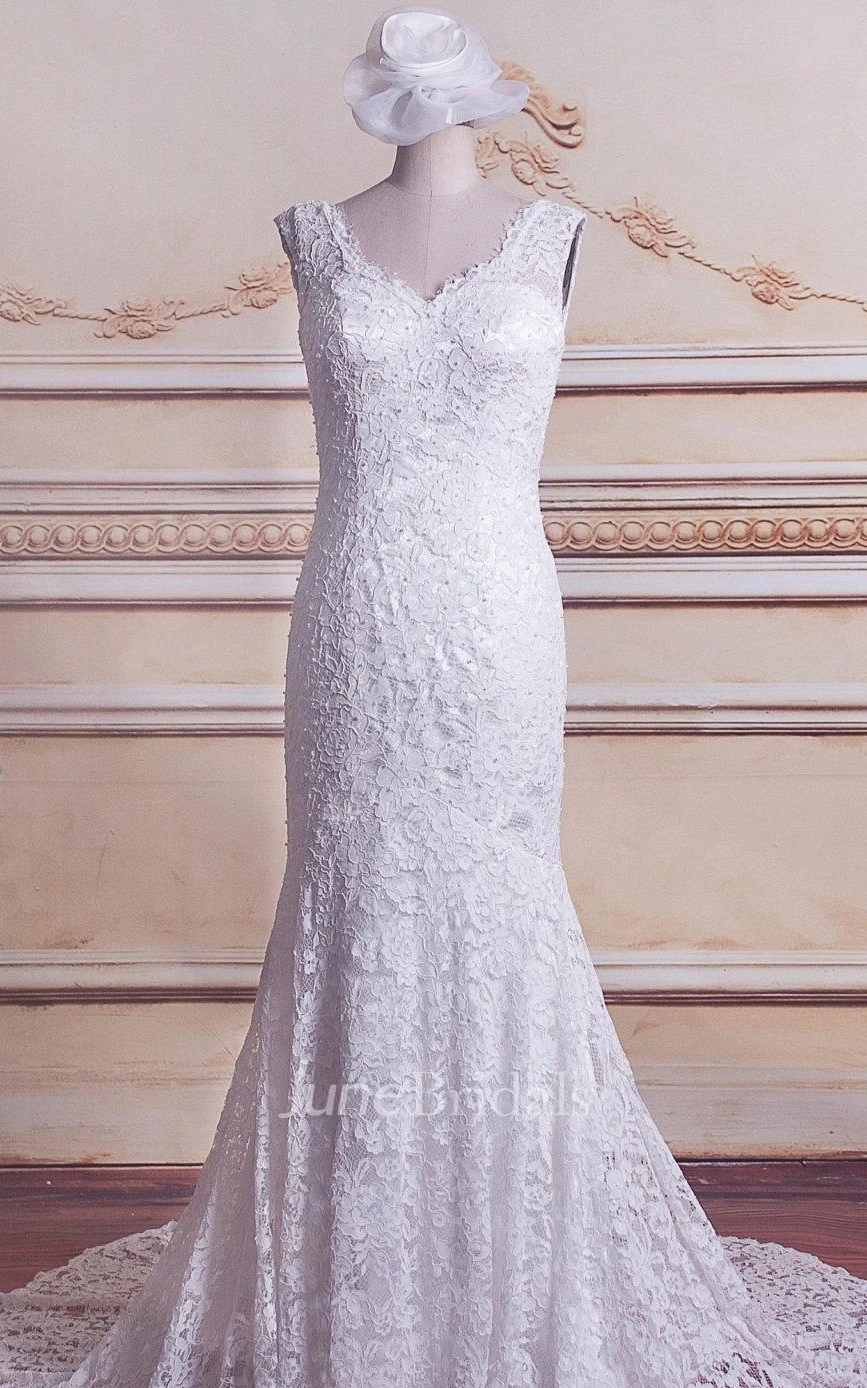 Mermaid V-Neck Lace Satin Weddig Dress With Beading
