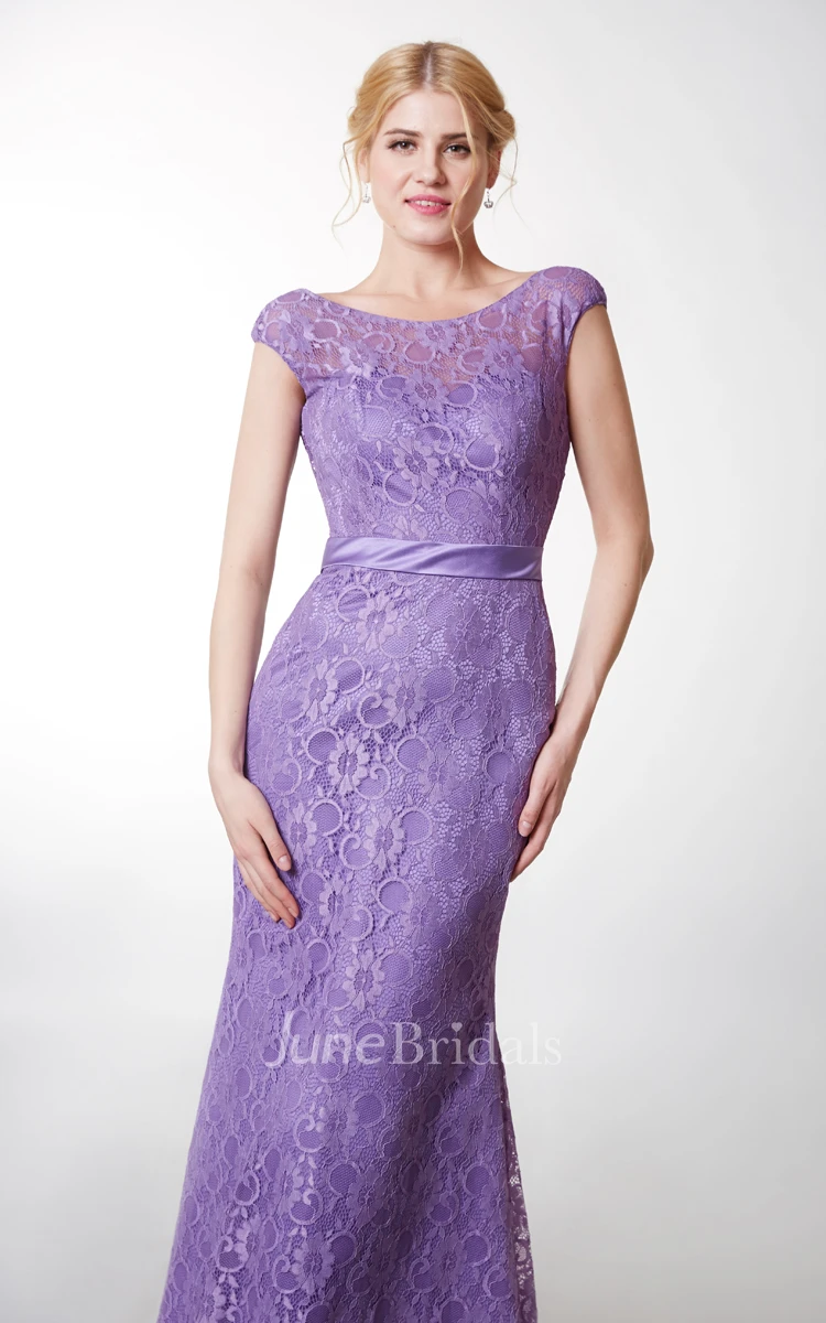 Vintage Short Sleeve Bateau Neck Long Lace Dress With Satin Belt