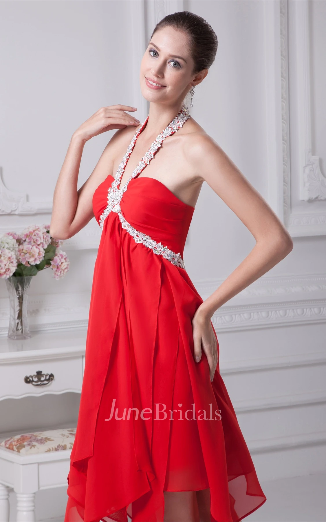 Sweetheart Empire Chiffon Midi Dress with Gemmed Halter