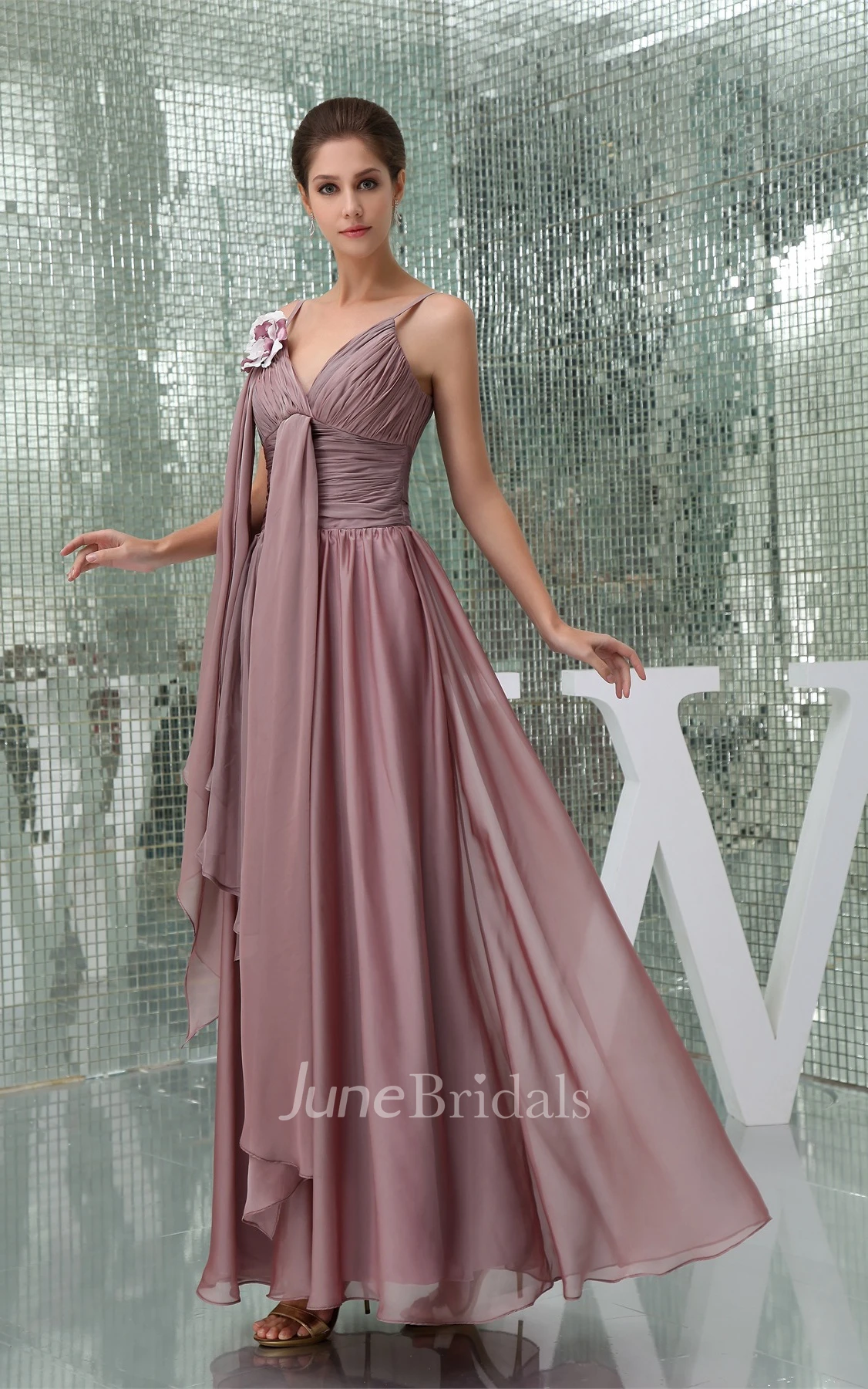 Spaghetti-Straps Side Draping Ankle-Length Ruched Gown with Ruffles and Flower