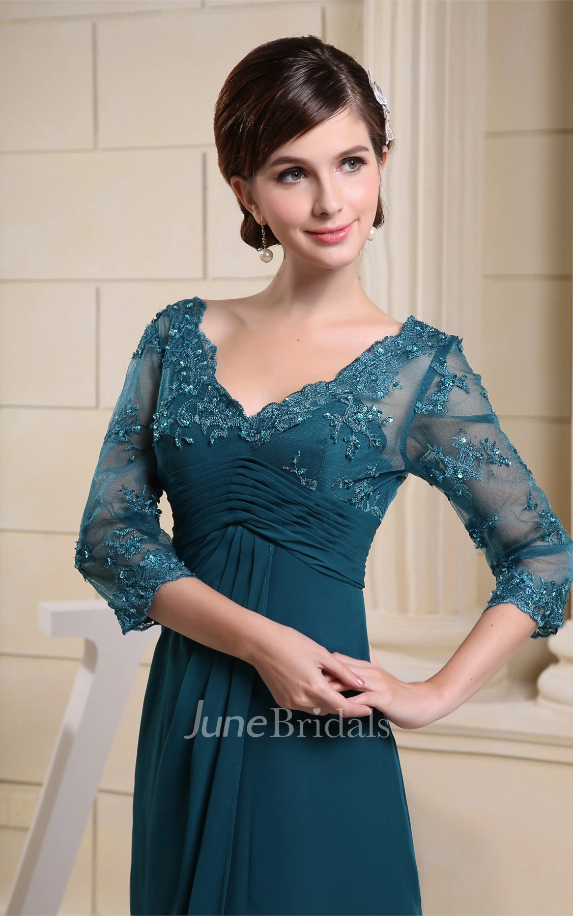 V-Neck Empire Floor-Length Dress with Appliques and Illusion Sleeve