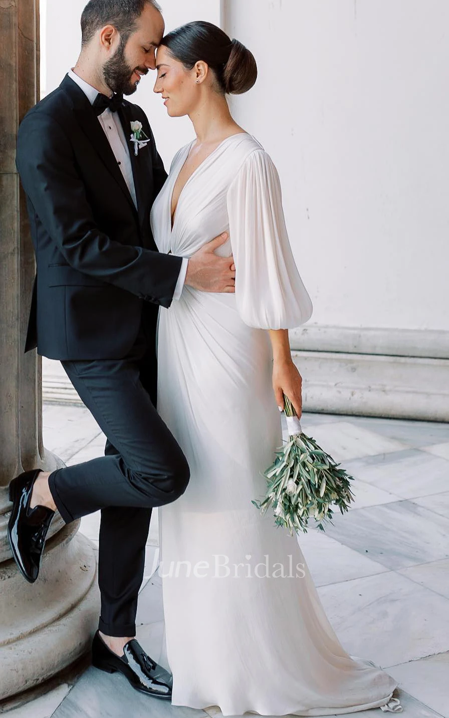 Casual Sheath Plunging Neckline Chiffon Wedding Dress With Open Back And Split Front