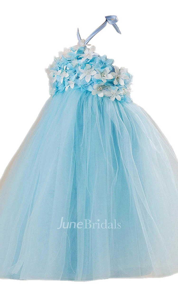 Halter A-line Dress With Pleats and Flowers