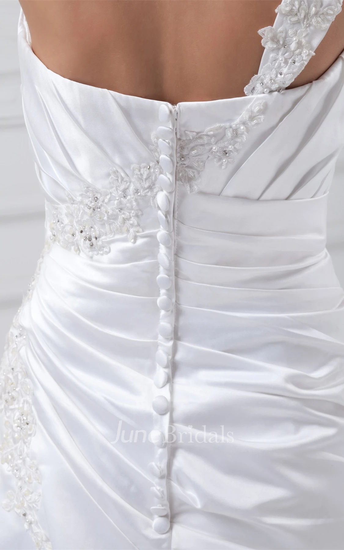 Sleeveless Side-Ruched A-Line Gown with Appliques and Single Strap