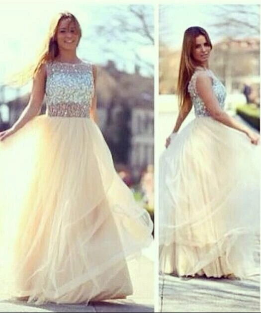 Newest A-line Tulle Prom Dresses Crystals Evening Party Gowns With Beadings