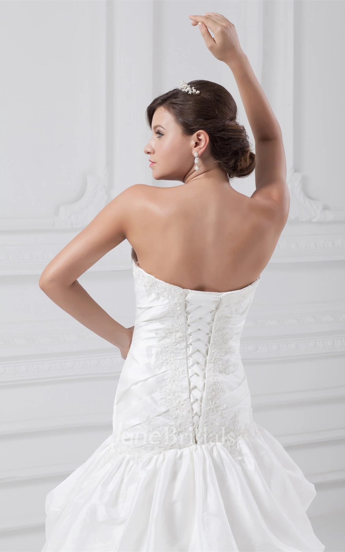 Caped-Sleeve Ruched Pick-Up Gown with Lace and Flower