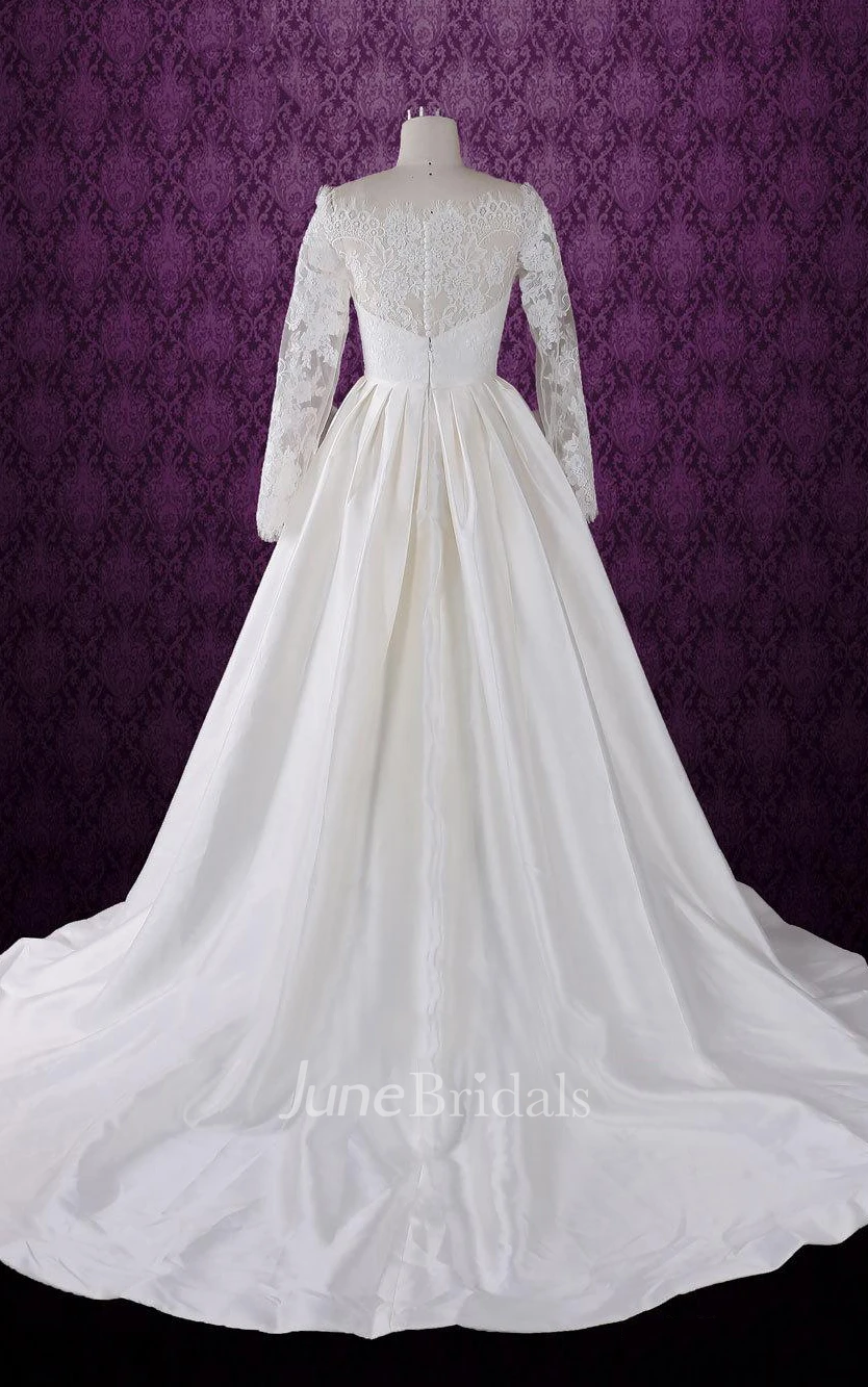 Bateau Neck Taffeta Weddig Dress With Long Lace Sleeves
