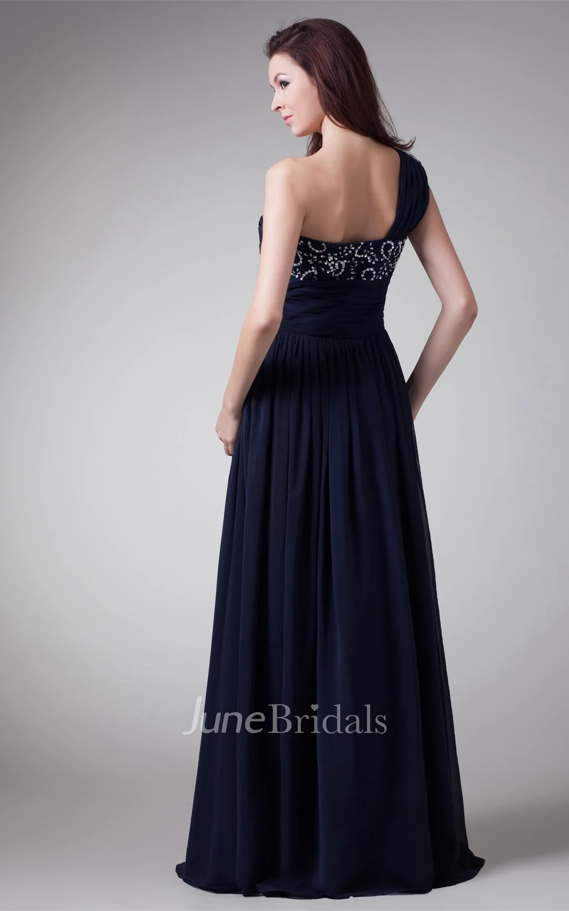 Chiffon One-Shoulder A-Line Maxi Dress with Crystal Detailing