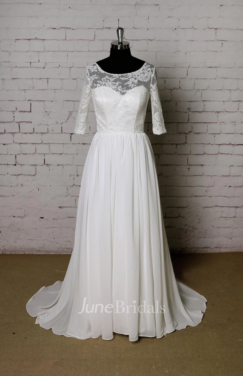 Scoop Neck Half Sleeve A-Line Chiffon Wedding Dress With Lace Bodice