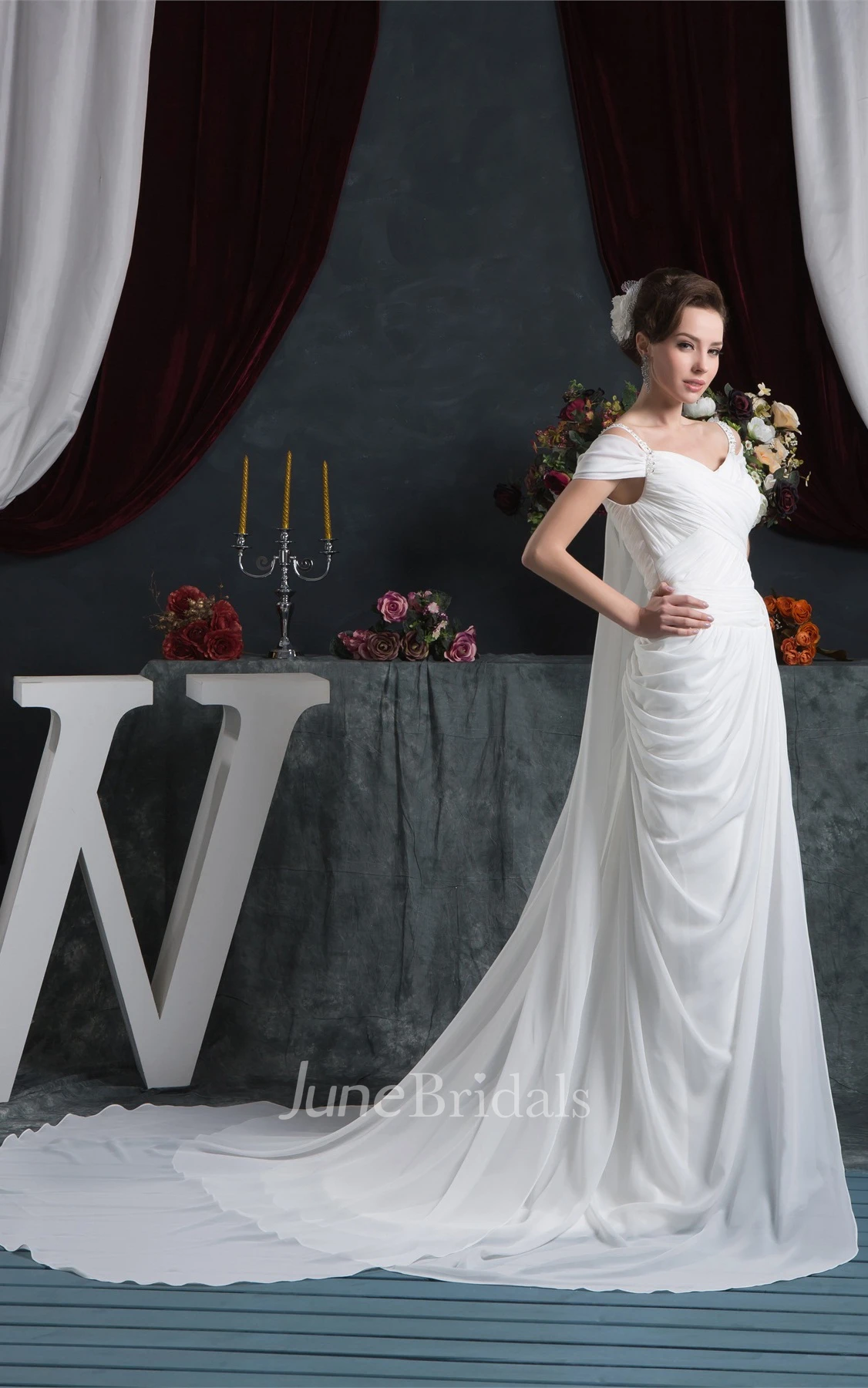 Chiffon Criss-Cross Maxi Dress with Draping and Sweep Train