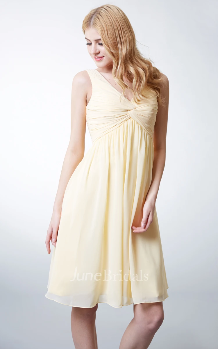 V-Neckline Empire Chiffon Knee-length Dress With Pleats