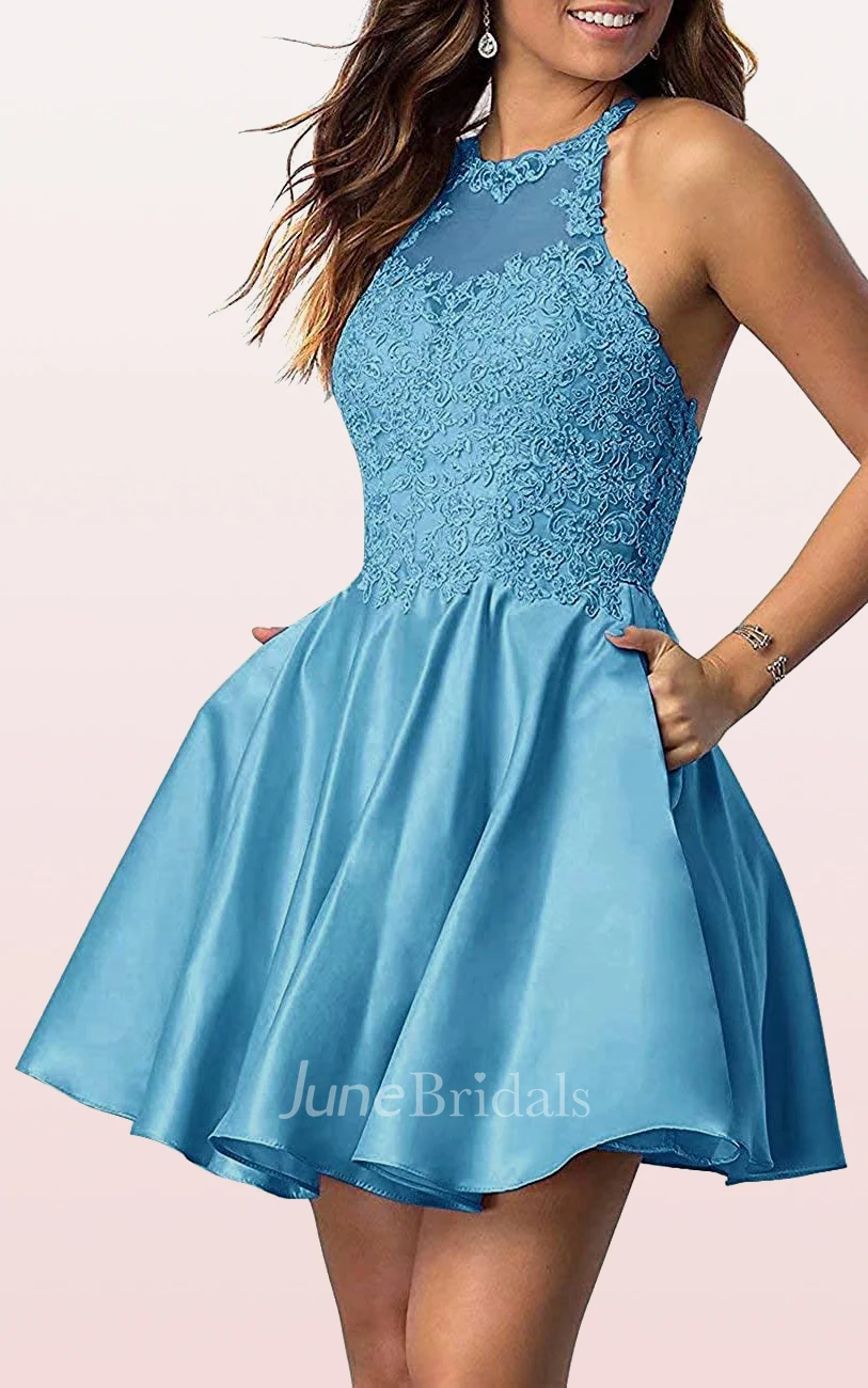 Adorable A Line Satin Lace Jewel Sleeveless Homecoming Dress with Pleats