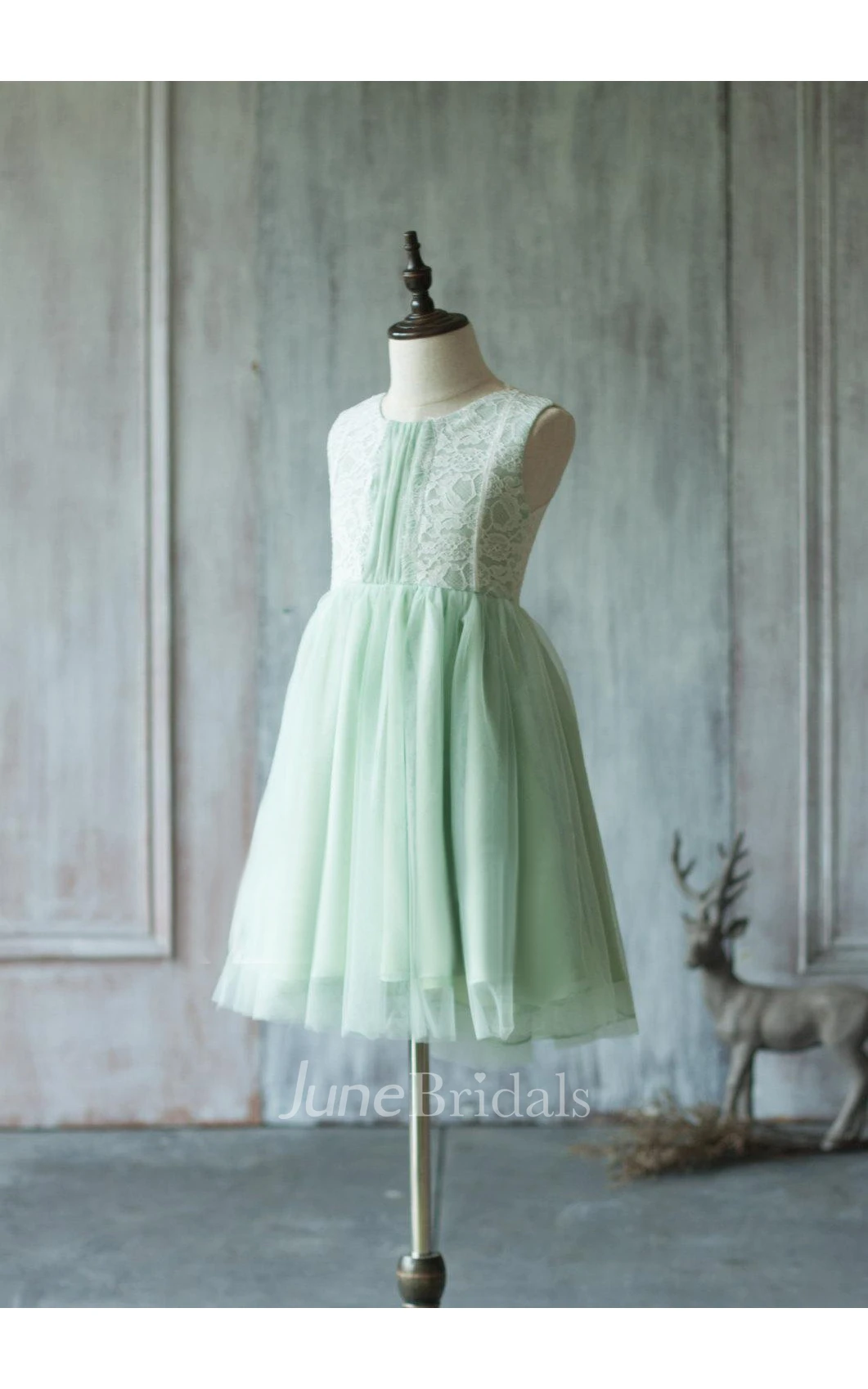 Dusty Shale Sleeveless Lace-up Lace and Mesh Beading Dress Girl Dress