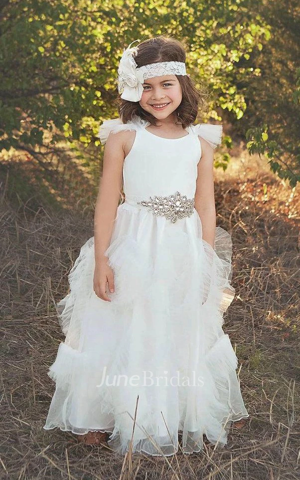 Ruffled Sleeve Floor-length Dress With Beaded Belt