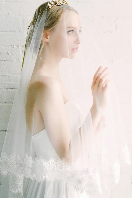 Fingertip Tulle Wedding Veil with Lace Trim
