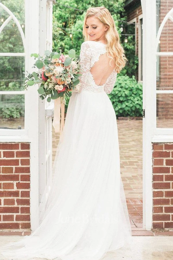 Long Sleeve Chiffon Tulle Lace Wedding Dress