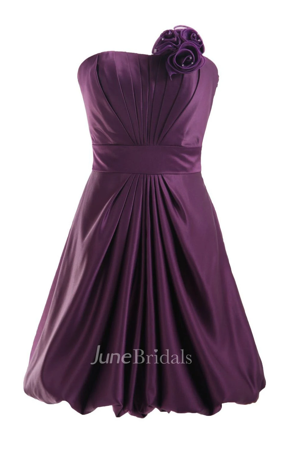Strapless Appliqued Ruched Bodice Short Pleated Satin Dress