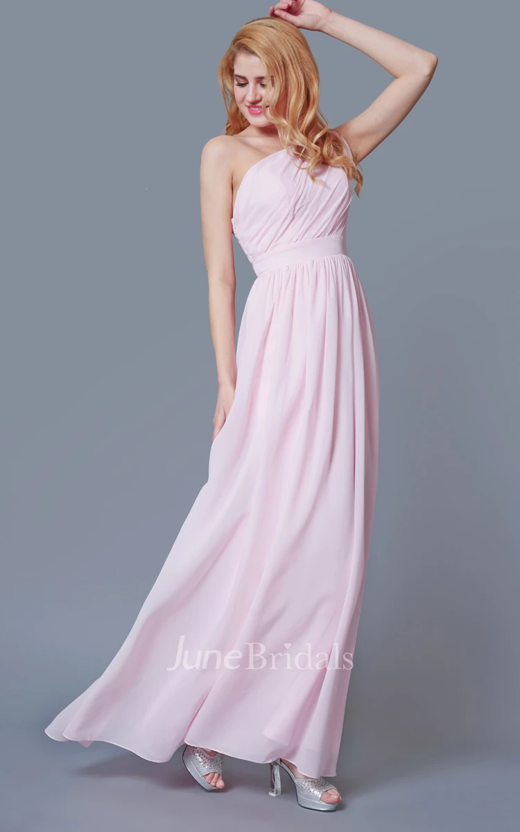 Sleeveless One Shoulder Ruched Chiffon Gown With Sash