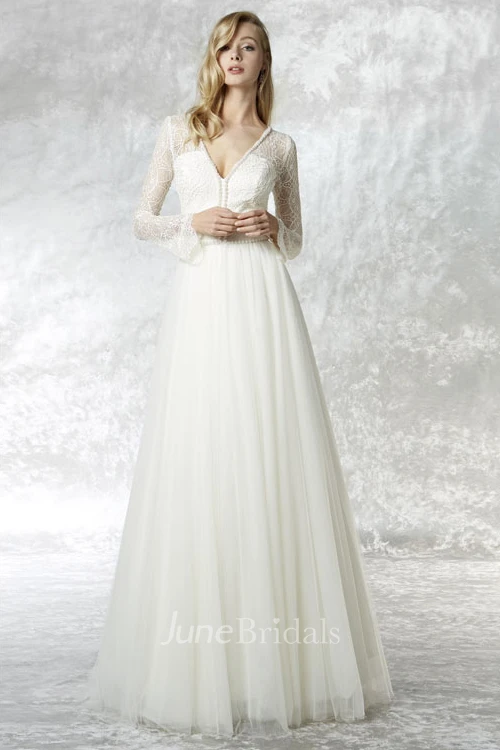 A-Line Illusion Sleeve Lace V-Neck Tulle Wedding Dress With Brush Train