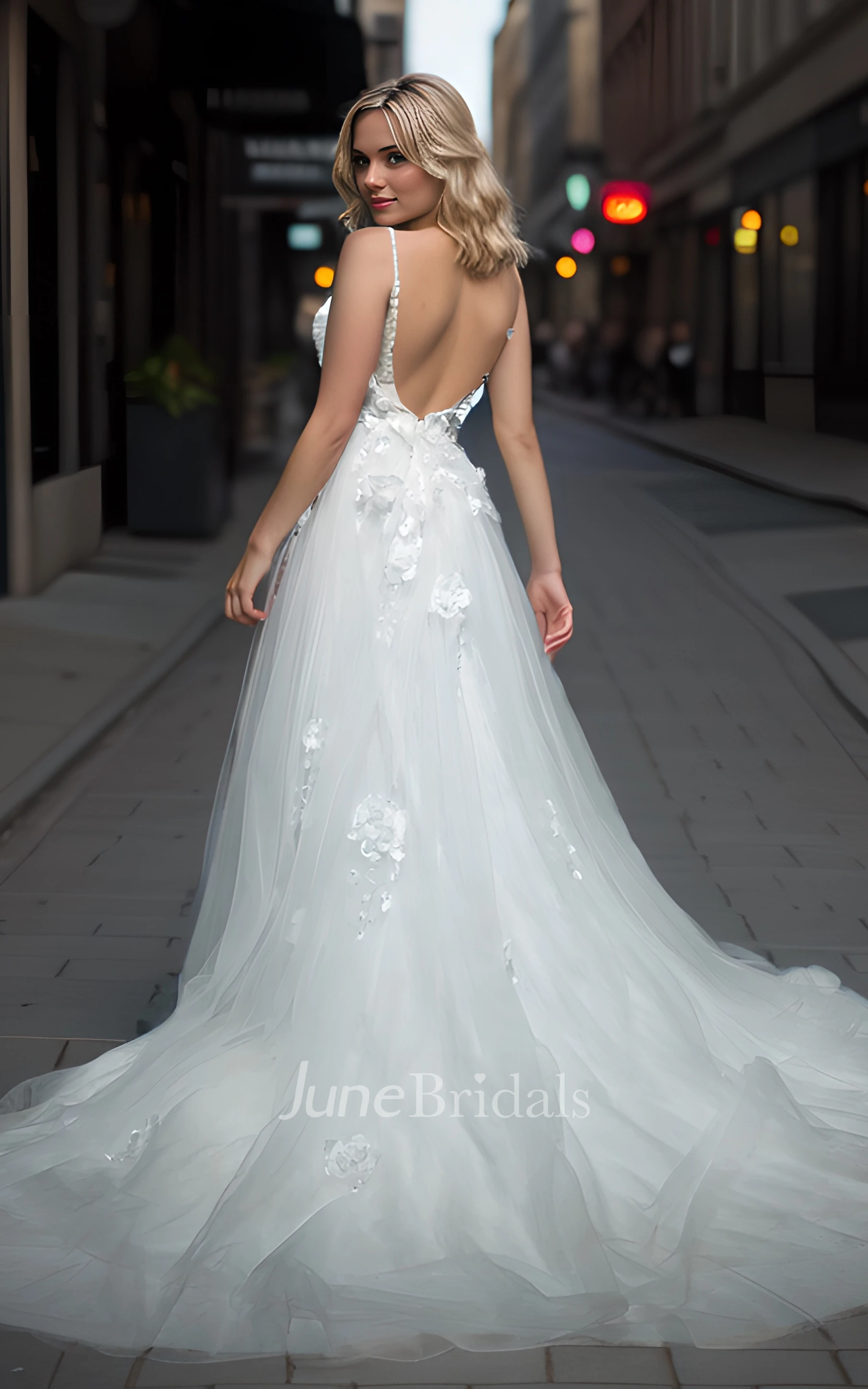 A-line Sexy Deep V-Neck Front Split Open Back Tulle Wedding Dress with  Train - June Bridals