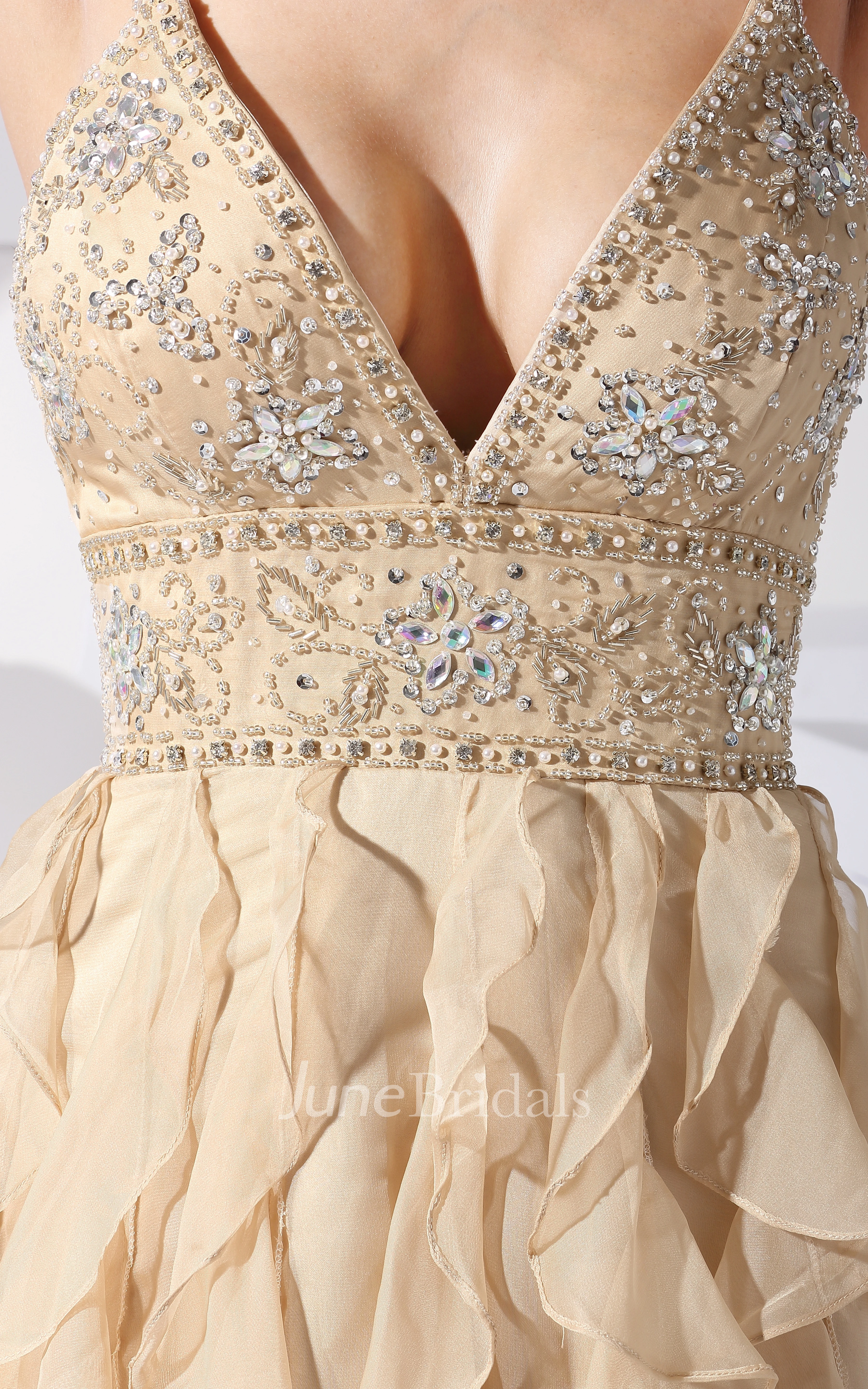 Sleeveless V-Neck Beaded Dress With Cascading Ruffles