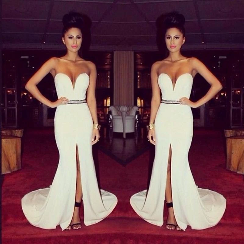 Sexy Sweetheart White Mermaid Prom Dress Sleeveless With Front Split
