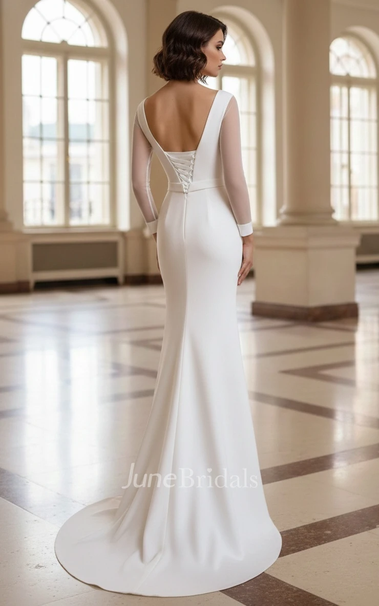 Minimalist Bateau Wedding Dress Long Sleeve Civil Mermaid Gown with Corset Back