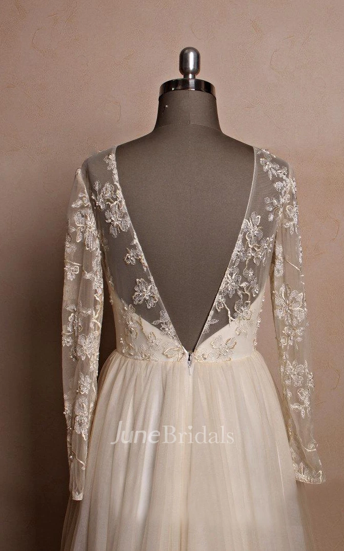 Jewel Neck Long Sleeve A-line Tulle Wedding Dress With Lace Bodice