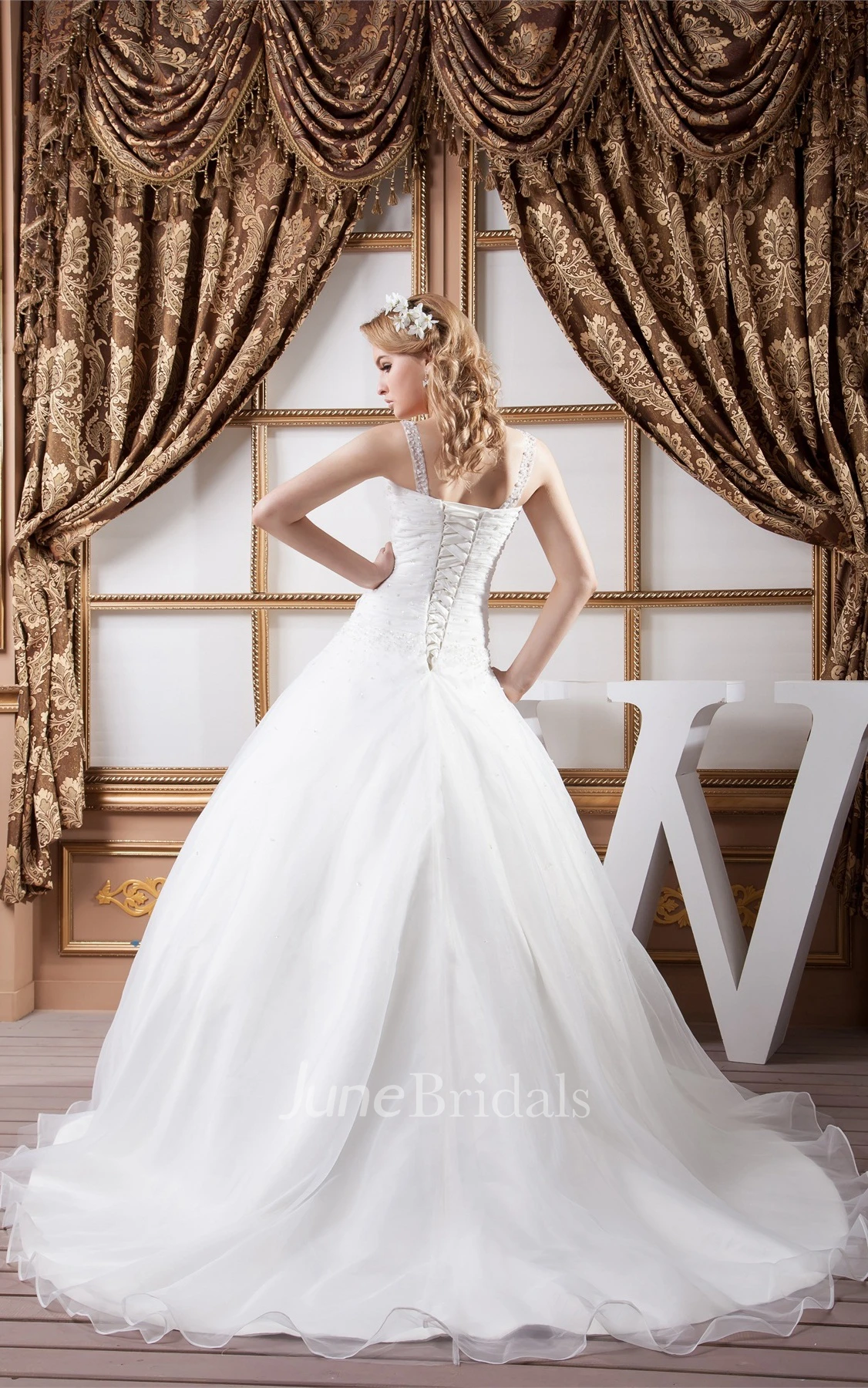 Sleeveless Tulle A-Line Gown with Flower and Gemmed Top