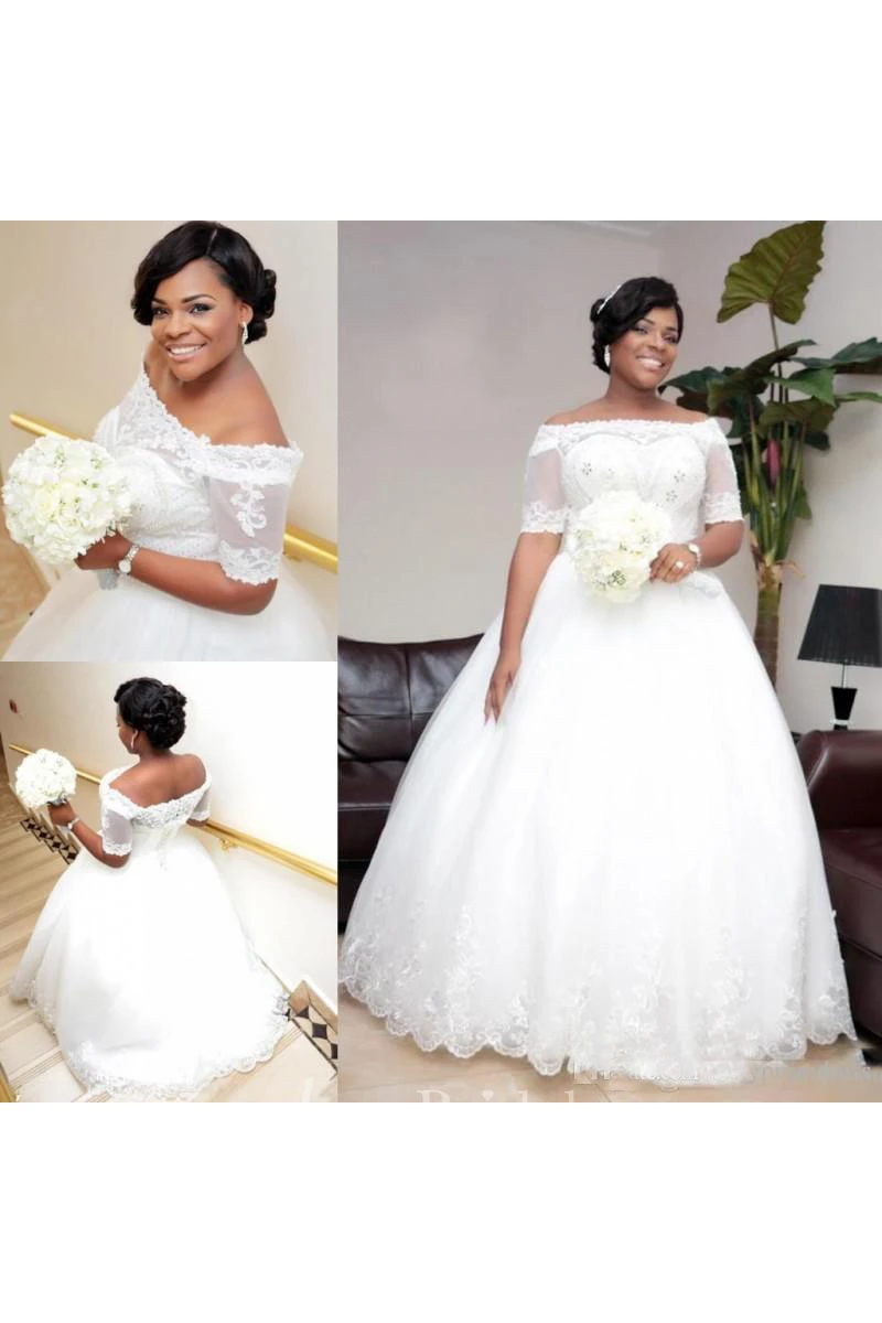 Lace Off Shoulder Sheer Half Sleeves Beaded Lace Up Plus Size Bridal Gown