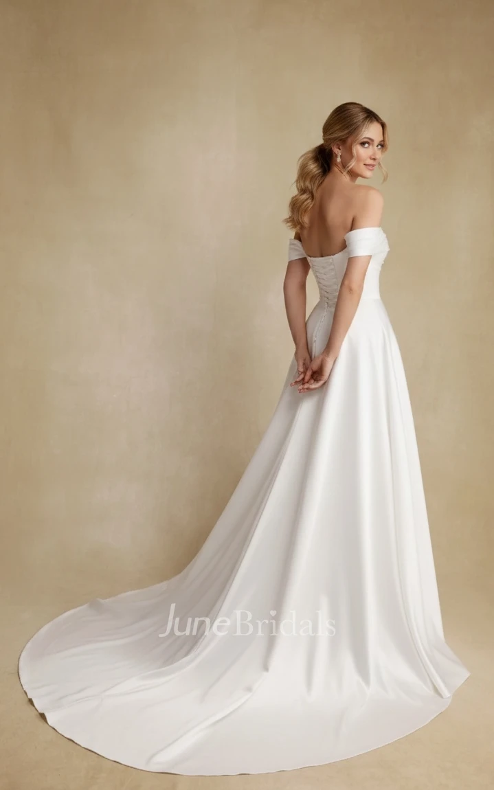 Minimalist A-Line Off-the-Shoulder Wedding Dress Modern Pleated Corset Back Bridal Gown