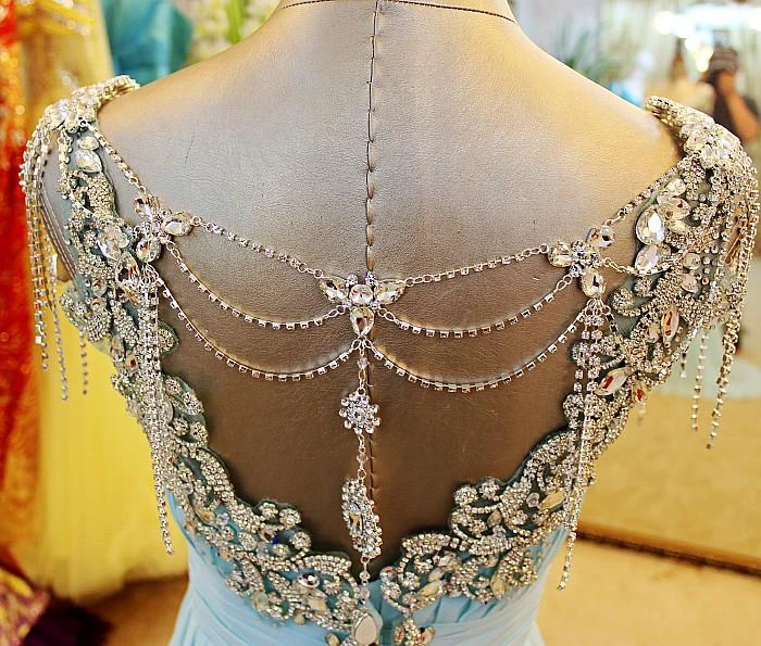 A-Line Backless Blue Evening Dresses V-Neck Crystal Beading Blingbling Prom Gowns