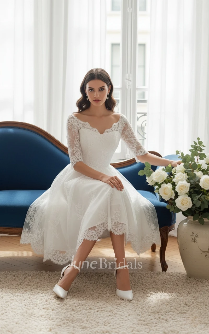 Simple Lace Tea Length Wedding Dress A-line Half Sleeve Civil Bridal Gown